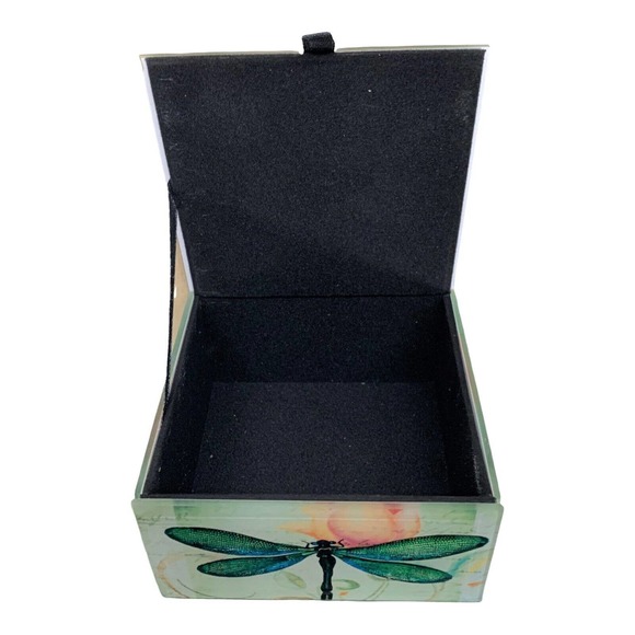 Dragonfly Keepsake Box Jewelry & Trinkets, Beveled Glass, Lined, Hinged Lid 4"SQ - Picture 4 of 5